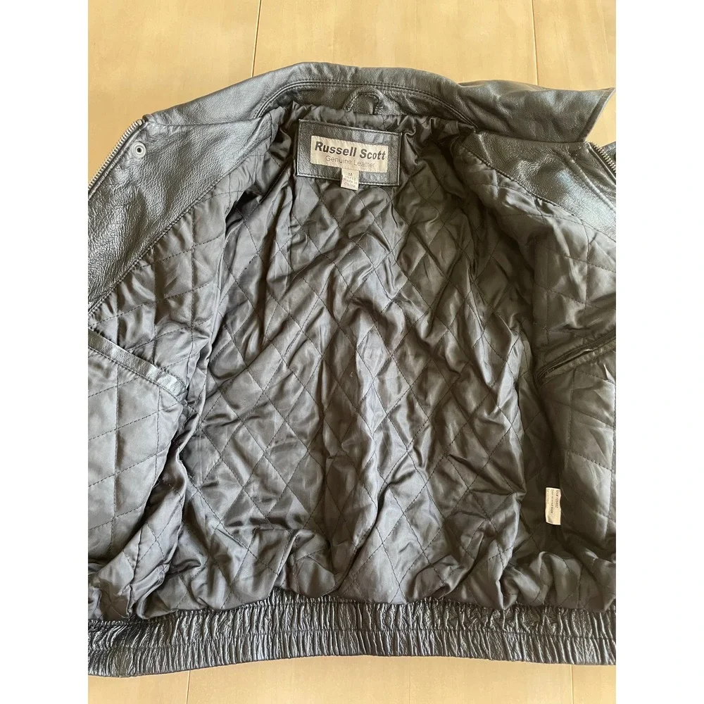 VTG Y2K Kids Russell Scott Black Genuine Leather Bomber Jacket - Size 10/12